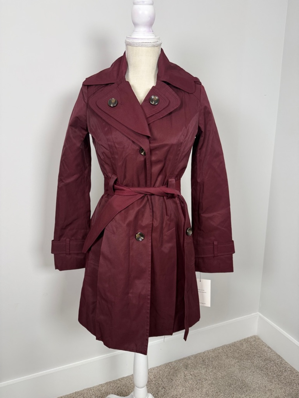 London Fog Maroon Double-Breasted Trench with Self-Tie Belt